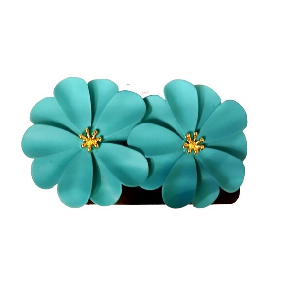 New 1.5" BLUE Flower Gold Center Earrings - Picture 1 of 3